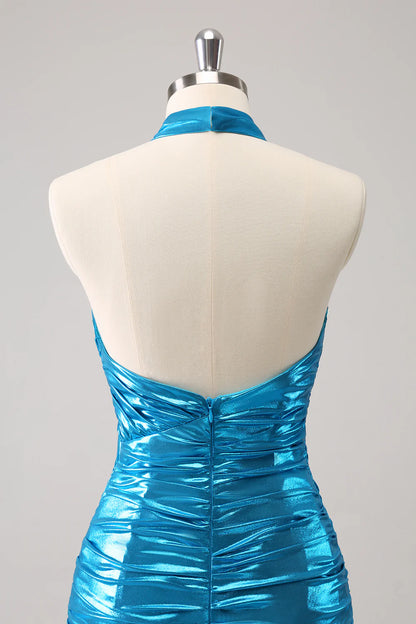 Metallic Tight Halter Backless Satin Blue Homecoming Dress