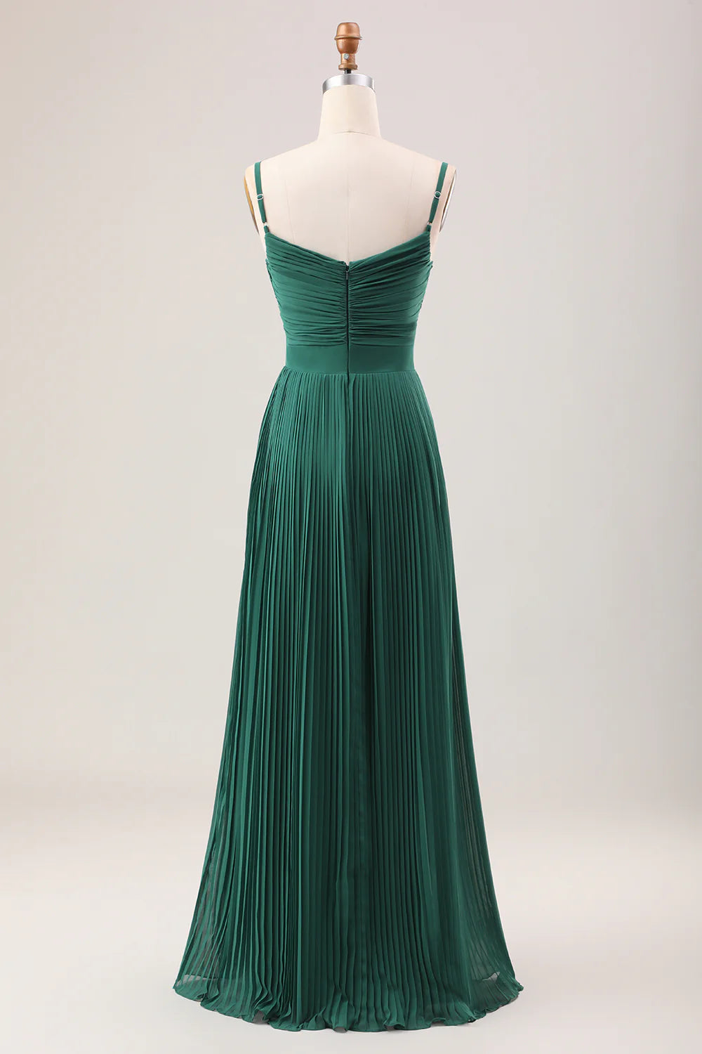 Dark Green A Line Spaghetti Straps Long Chiffon Bridesmaid Dress