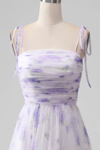 Lavender Flower Spaghetti Straps A Line Long Bridesmaid Dress with Slit