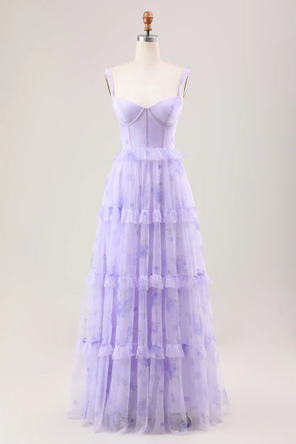 Lavender A Line Corset Spaghetti Straps Floral Tiered Long Bridesmaid Dress