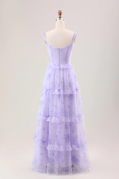 Lavender A Line Corset Spaghetti Straps Floral Tiered Long Bridesmaid Dress