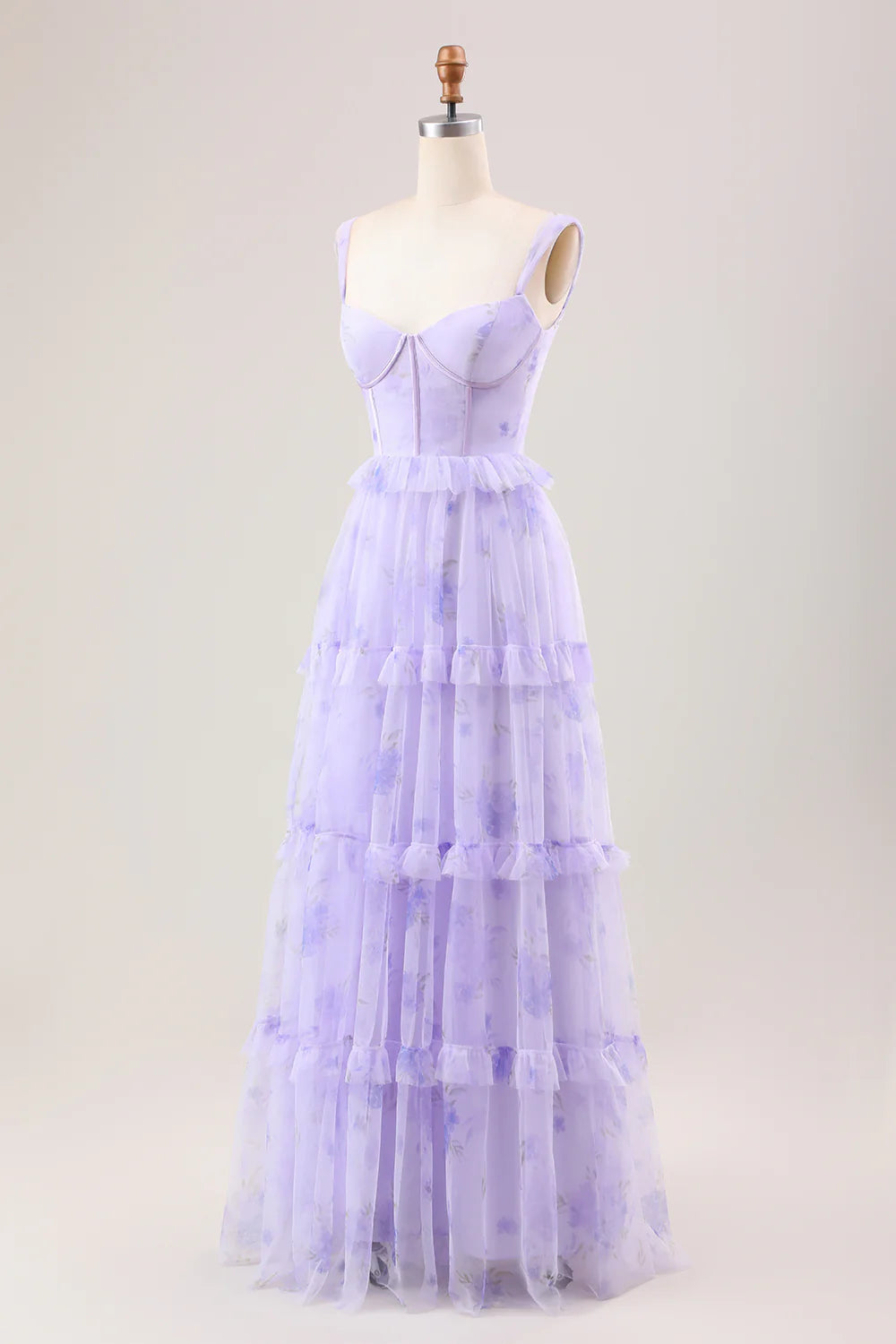 Lavender A Line Corset Spaghetti Straps Floral Tiered Long Bridesmaid Dress