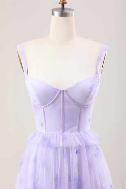 Lavender A Line Corset Spaghetti Straps Floral Tiered Long Bridesmaid Dress