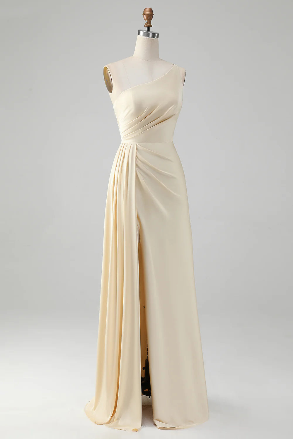 Champagne One Shoulder Sheath Long Bridesmaid Dress With Slit