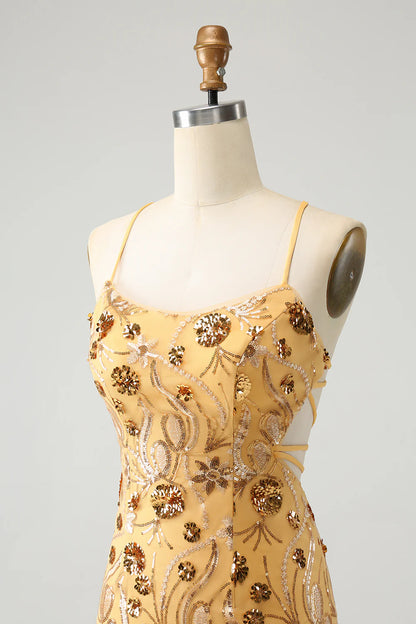 Glitter Yellow Sequined Embroidery Tight Short Homecoming Dress with Beading