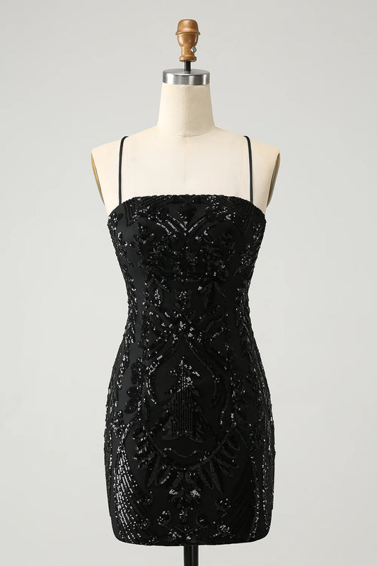 Chic Glitter Black Spaghetti Straps Tight Homecoming Dress with Sequins