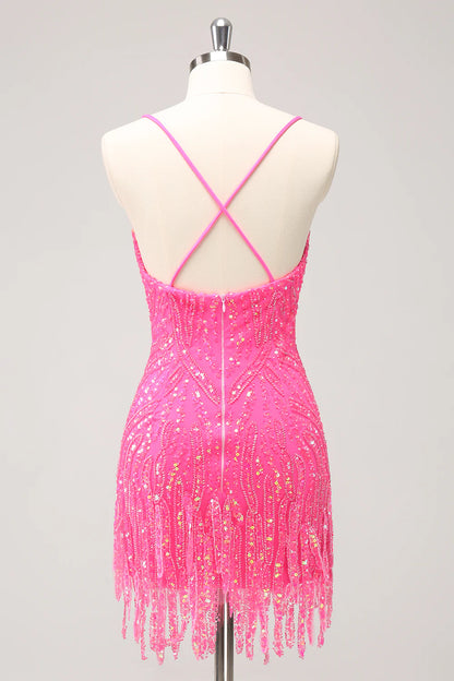 Sparkly Hot Pink Tight Sequins V Neck Homecoming Dress with Fringes