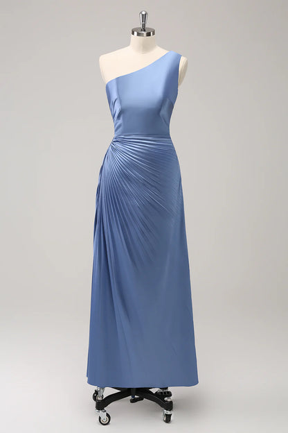 Blue One Shoulder Satin Keyhole Long Bridsmaid Dress