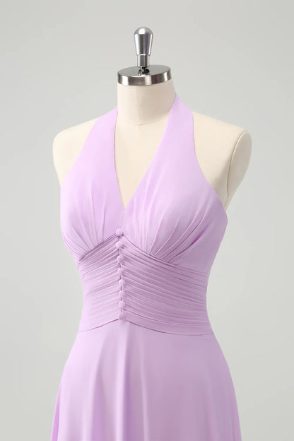 Purple A Line Halter Chiffon Long Backless Bridesmaid Dress