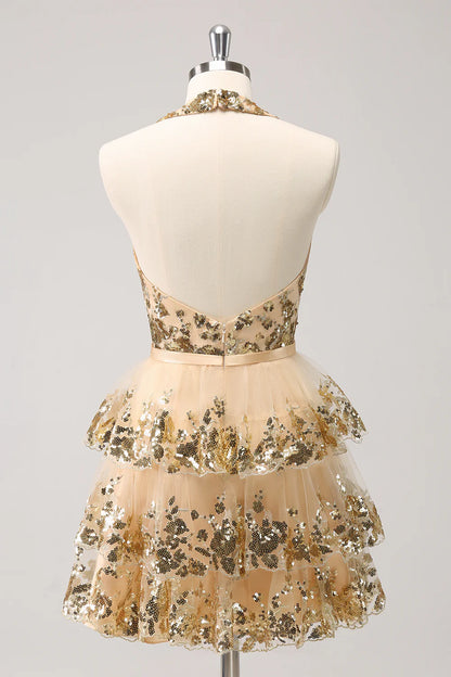 Sparkly Gold A-Line Halter Tiered Sequined Backless Short Homecoming Dress