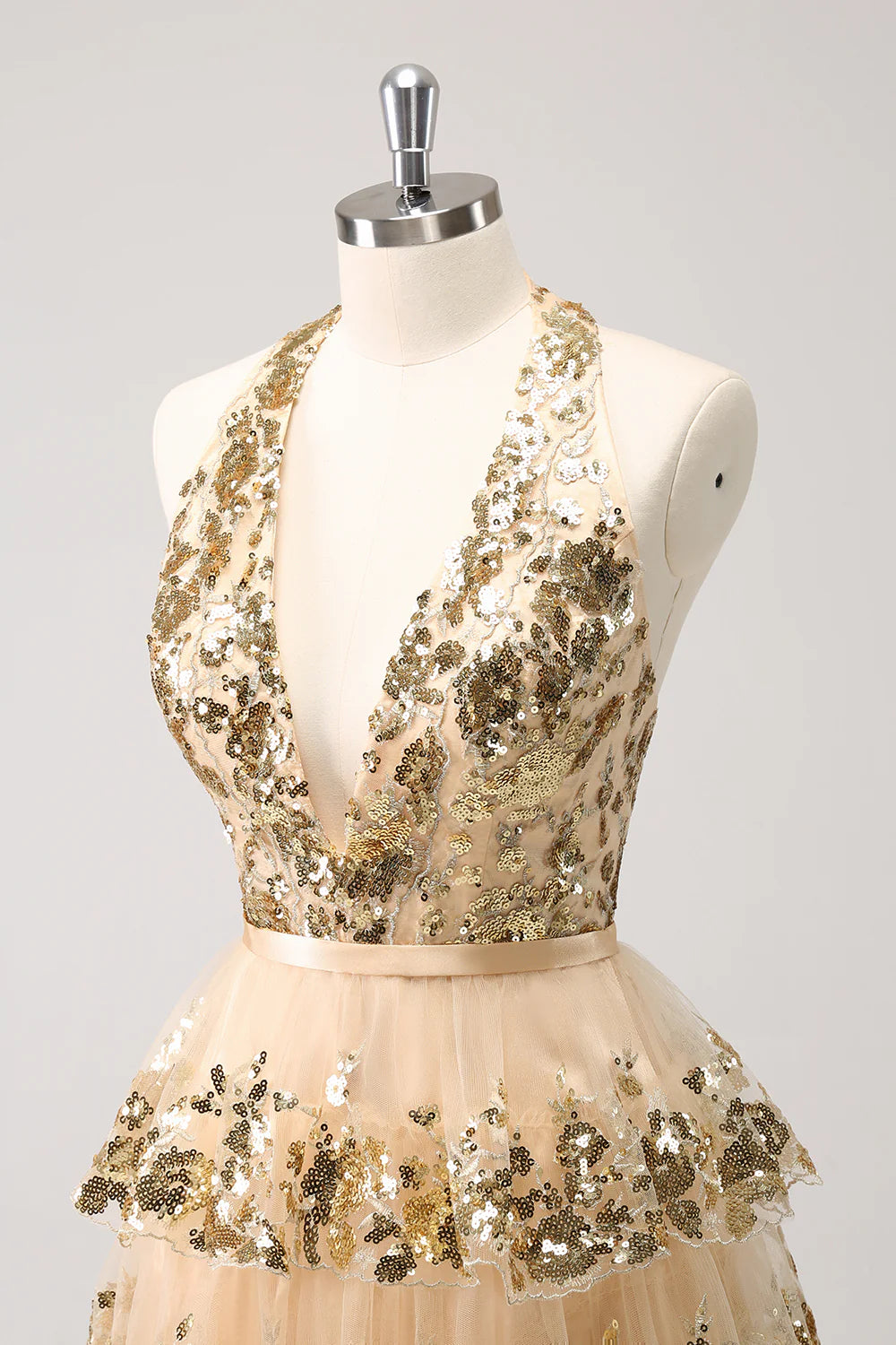 Sparkly Gold A-Line Halter Tiered Sequined Backless Short Homecoming Dress