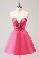 Sparkly Fuchsia A-Line Beaded Strapless Homecoming Dress with Bows