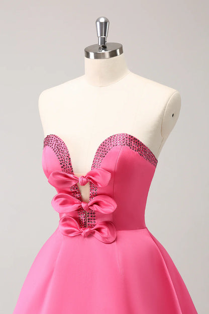 Sparkly Fuchsia A-Line Beaded Strapless Homecoming Dress with Bows