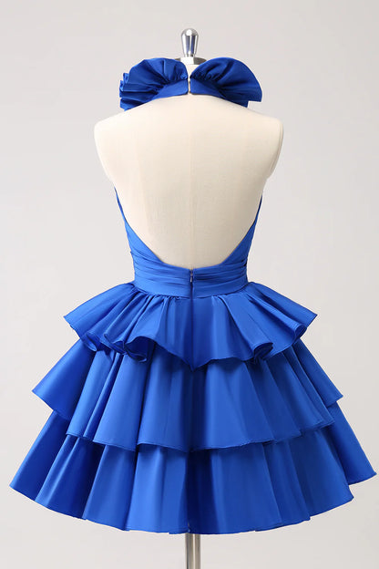 Royal Blue A-Line Halter Tiered Short Homecoming Dress with Ruffles