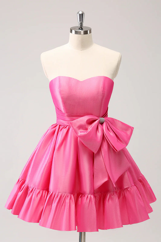 Fuchsia A-Line Strapless Ruffle Short Homecoming Dress with Bow