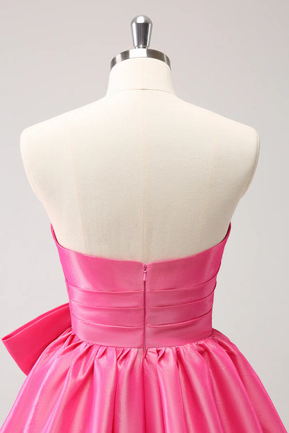 Fuchsia A-Line Strapless Ruffle Short Homecoming Dress with Bow