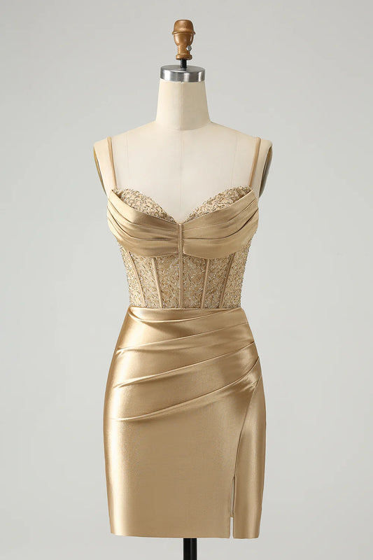 Golden Spaghetti Straps Bodycon Corset Satin Homecoming Dress with Slit