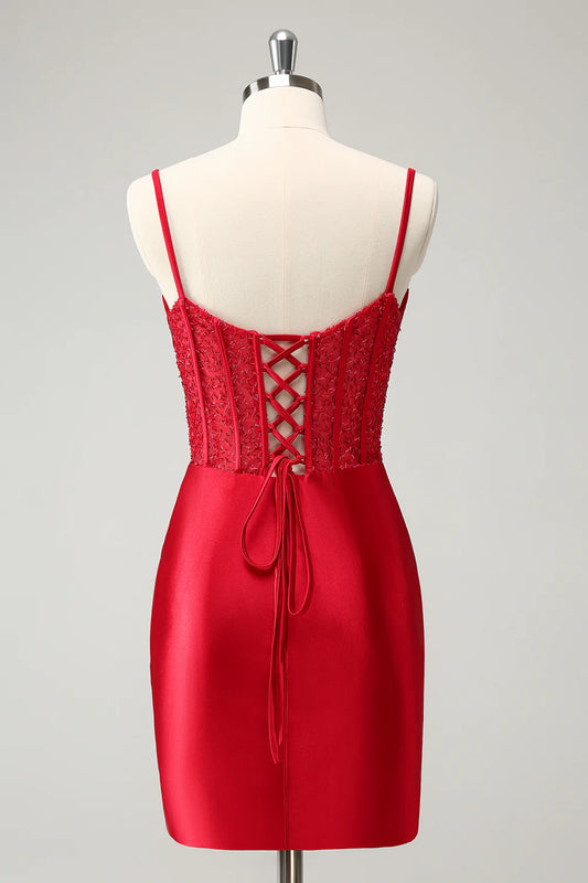 Stylish Red Bodycon Spaghetti Straps Corset Satin Homecoming Dress with Slit