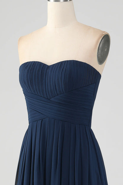 Navy A Line Sweetheart Pleated Long Bridesmaid Dress