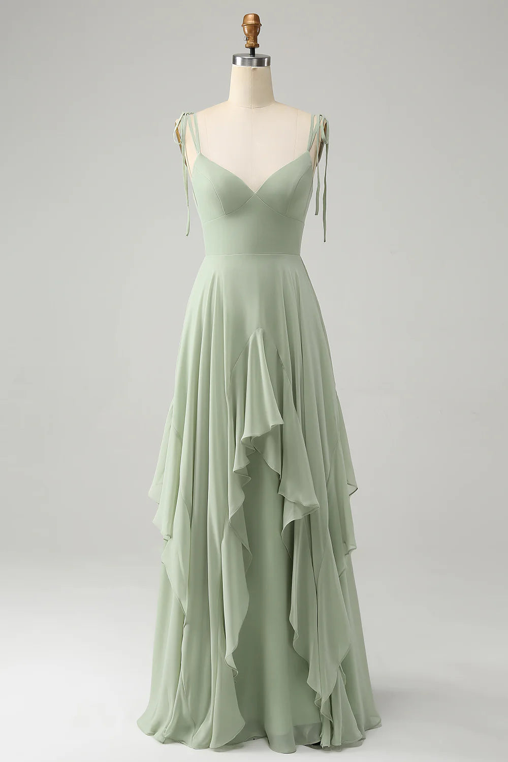 Matcha A-Line Spaghetti Straps Chiffon Bridesmaid Dress with Ruffles