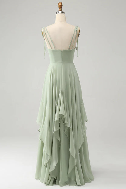 Matcha A-Line Spaghetti Straps Chiffon Bridesmaid Dress with Ruffles