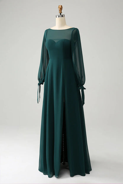 A Line Dark Green Bateau Neck Chiffon Bridesmaid Dress with Slit