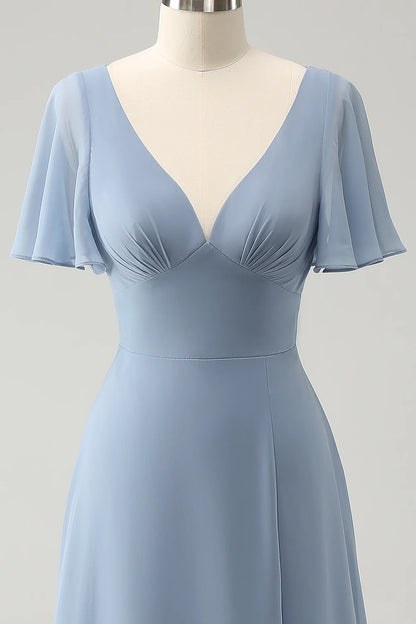 Grey Blue V-Neck Puff Chiffon Long Bridesmaid Dress with Hollow Out Back