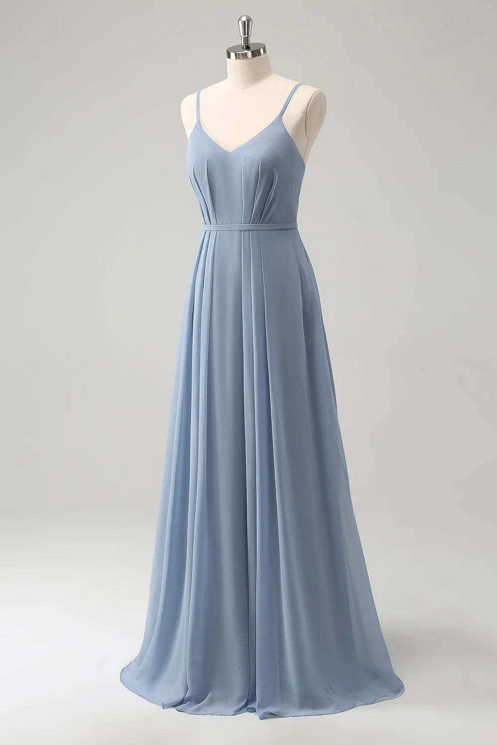 Grey Blue Chiffon Corset A Line Spaghetti Straps Pleated Long Bridesmaid Dress