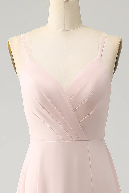 Pink A Line V Neck Chiffon Long Bridesmaid Dress with Slit