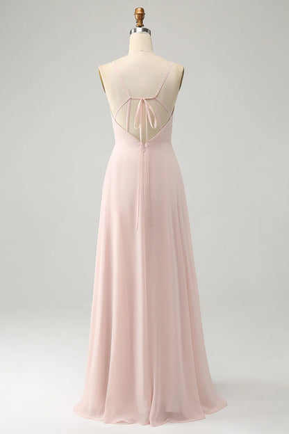 Pink A Line V Neck Chiffon Long Bridesmaid Dress with Slit