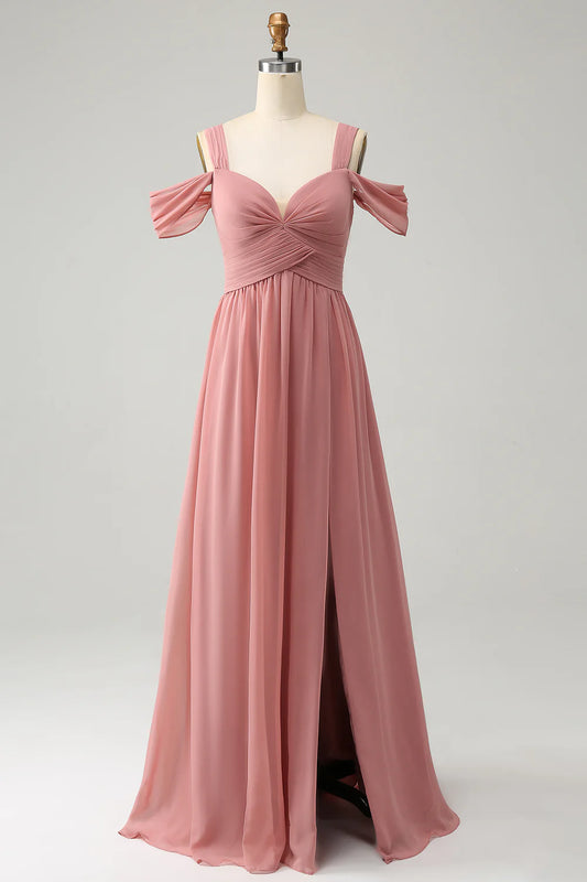 Chiffon Red A Line Spaghetti Straps Pleated Bridesmaid Dress with Slit