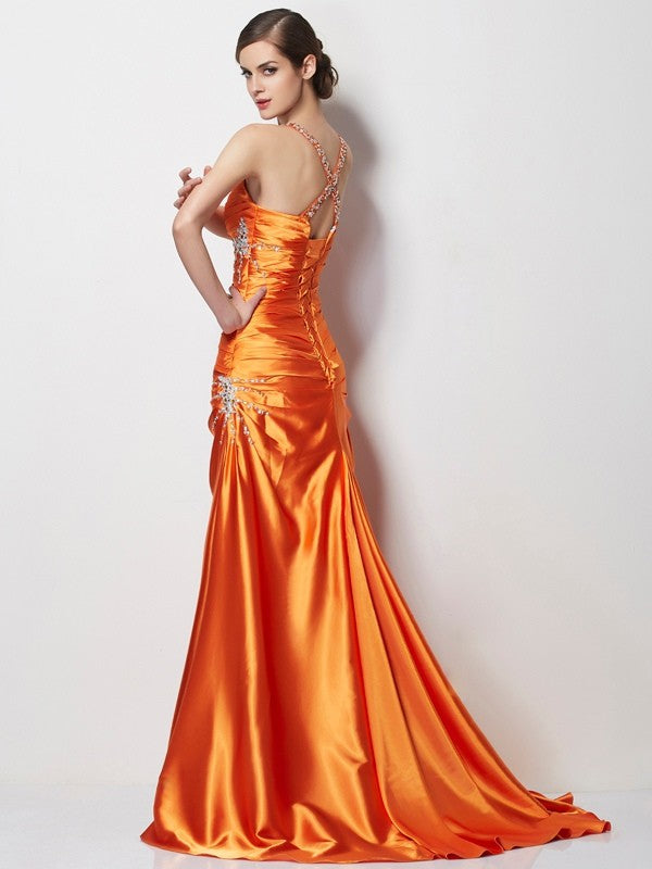 A-Line/Princess Spaghetti Straps Sleeveless Beading Long Elastic Woven Satin Dresses