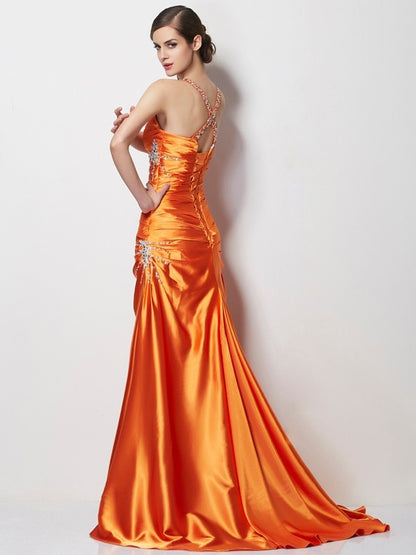 A-Line/Princess Spaghetti Straps Sleeveless Beading Long Elastic Woven Satin Dresses