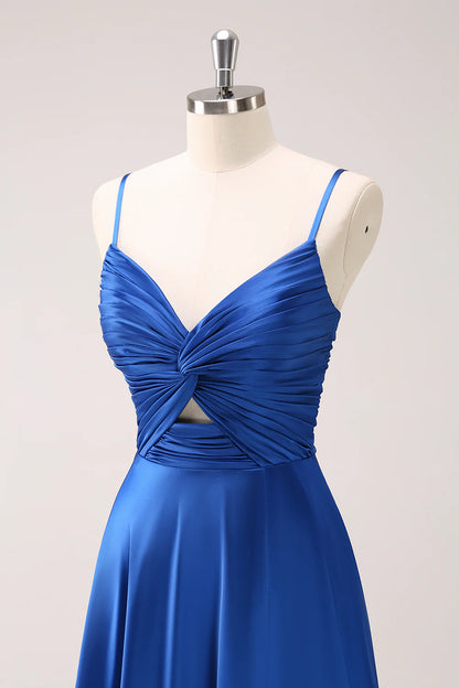 Ink Blue Spaghetti Straps Satin Bridesmaid Dress with Slit