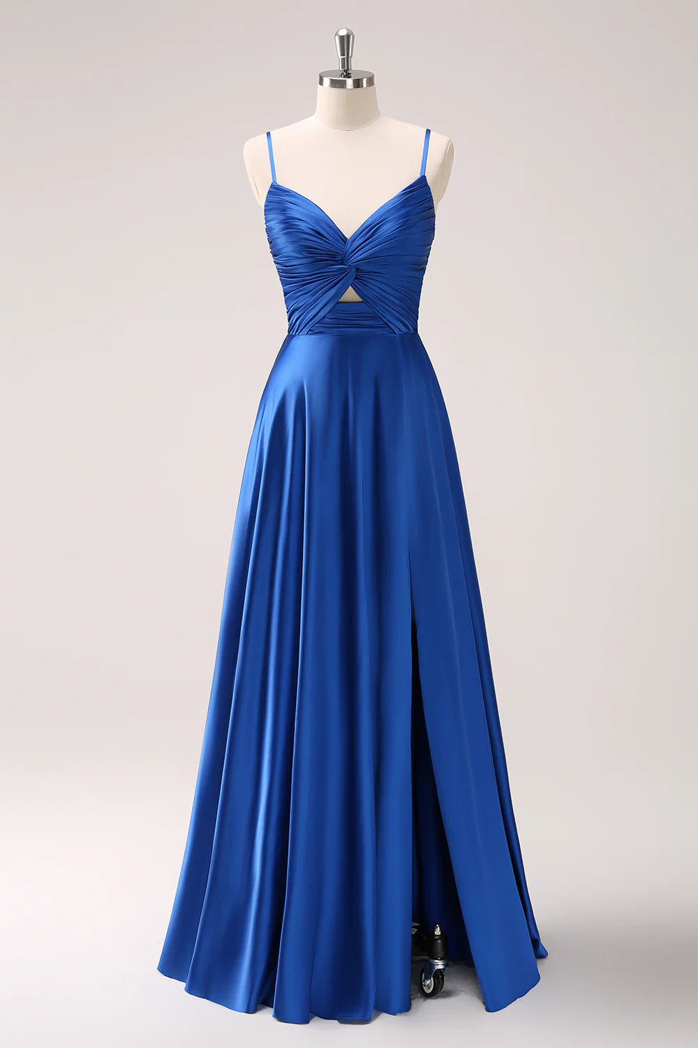 Ink Blue Spaghetti Straps Satin Bridesmaid Dress with Slit