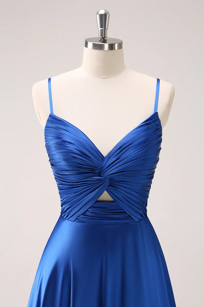 Ink Blue Spaghetti Straps Satin Bridesmaid Dress with Slit