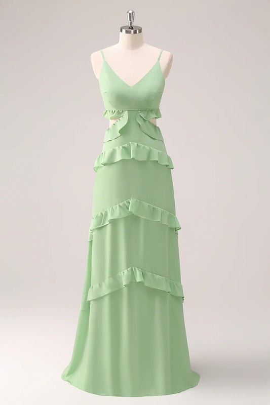 Light Green Spaghetti Straps Hollow Out Long Bridesmaid Dress with Slit