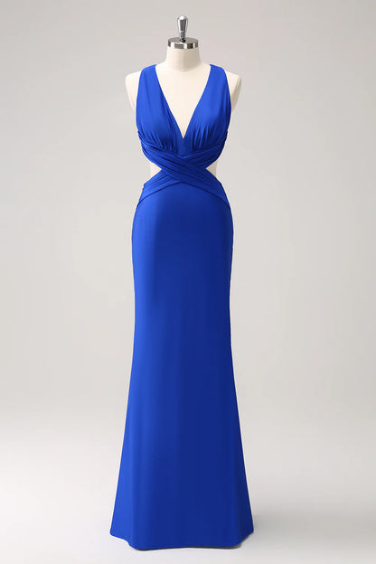 Royal Blue Mermaid Cut Out Ruched Long Bridesmaid Dress