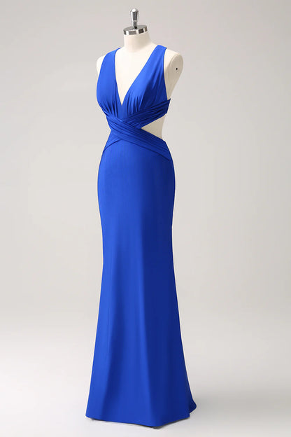 Royal Blue Mermaid Cut Out Ruched Long Bridesmaid Dress