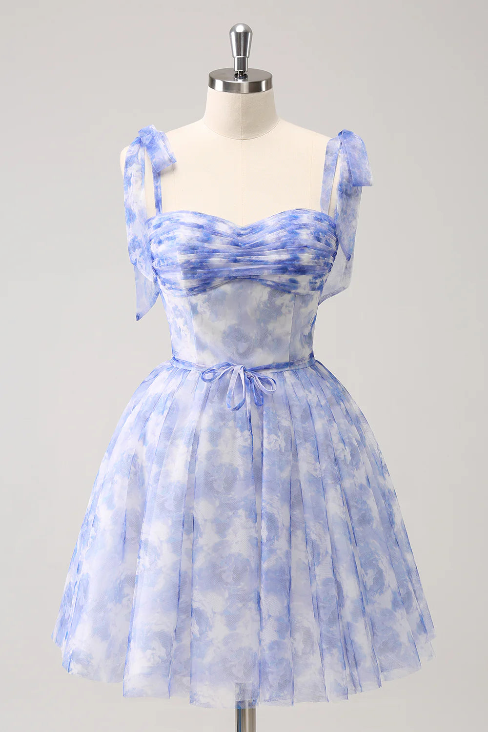 Blue Corset A-Line Short Floral Homecoming Dress