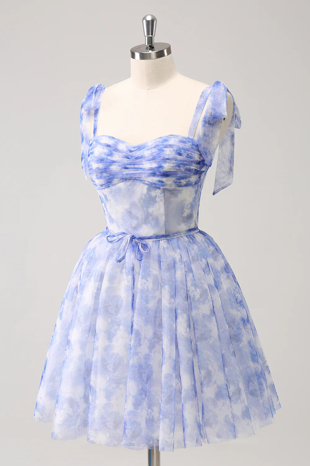 Blue Corset A-Line Short Floral Homecoming Dress