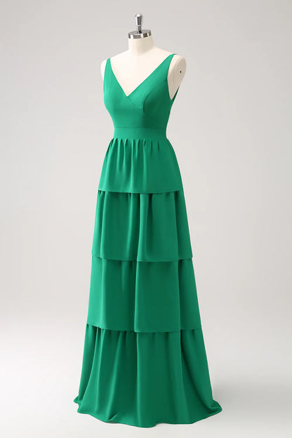 Green A-Line V-Neck Tiered Long Bridesmaid Dress