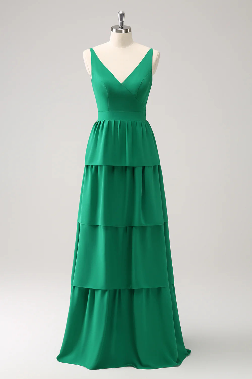 Green A-Line V-Neck Tiered Long Bridesmaid Dress