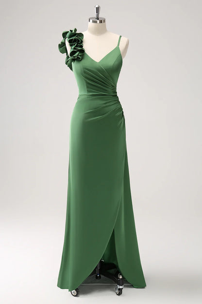 Olive Green Pleated Satin Bridesmaid Dress with Slit