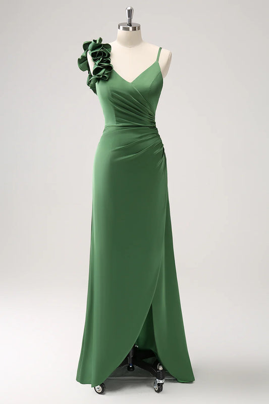 Olive Green Pleated Satin Bridesmaid Dress with Slit