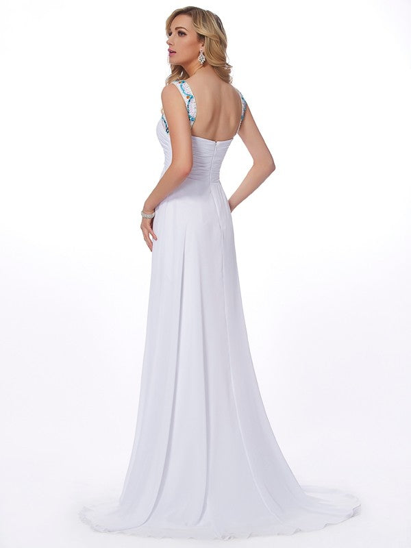 Sheath/Column Scoop Sleeveless Beading Long Chiffon Dresses