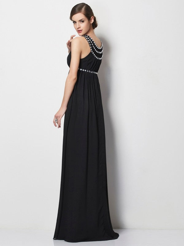 Sheath/Column High Neck Sleeveless Beading Long Chiffon Dresses