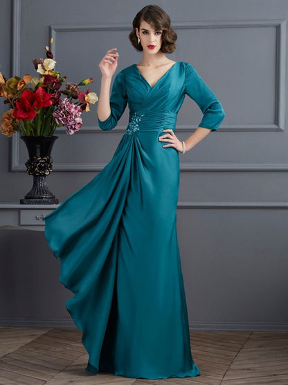 A-Line/Princess V-neck 3/4 Sleeves Beading Long Satin Chiffon Mother of the Bride Dresses