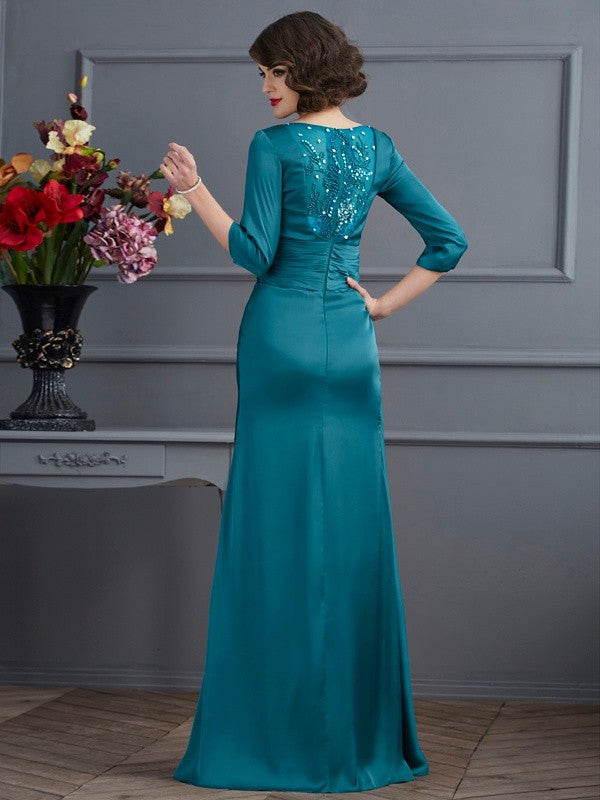 A-Line/Princess V-neck 3/4 Sleeves Beading Long Satin Chiffon Mother of the Bride Dresses