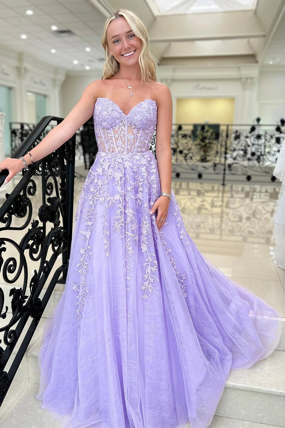 Chic A Line Sweetheart Purple Corset Prom Dress with Appliques